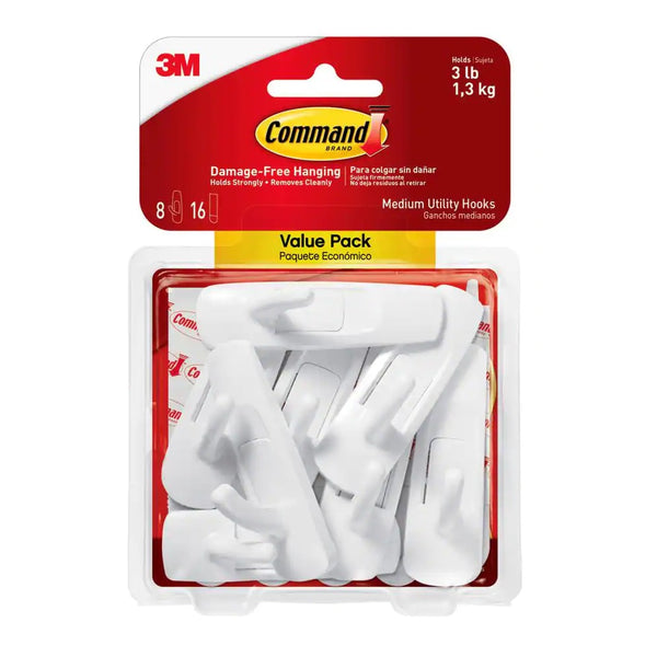 Command 17001-8ES Utility Hook Value Pack, White, Plastic