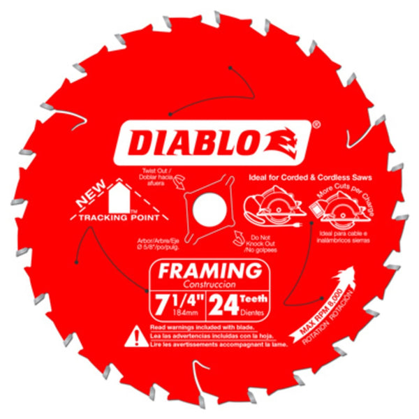 Diablo D0724X3 Tracking Point Framing Saw Blade, 7-1/4 Inch x 24 Teeth
