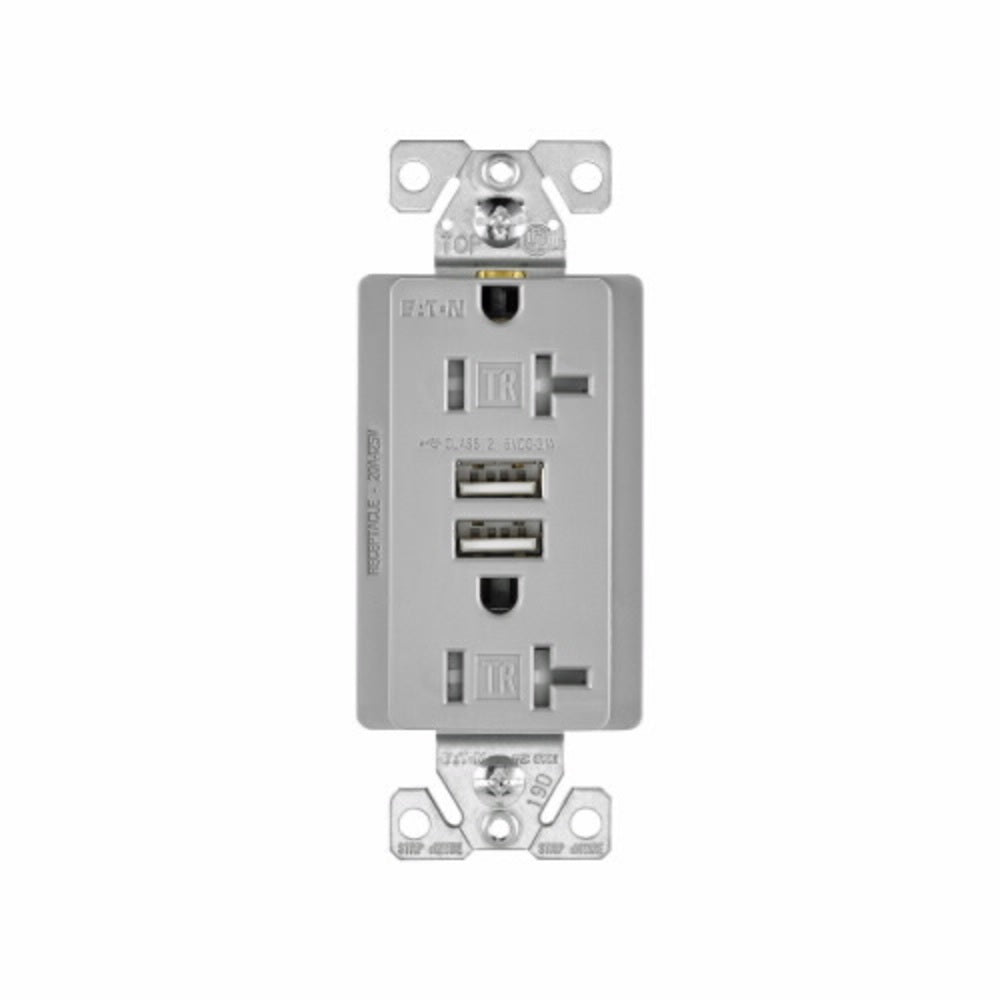 Eaton TR7756GY-BOX Combination USB Charger With Duplex Receptacle, Gray