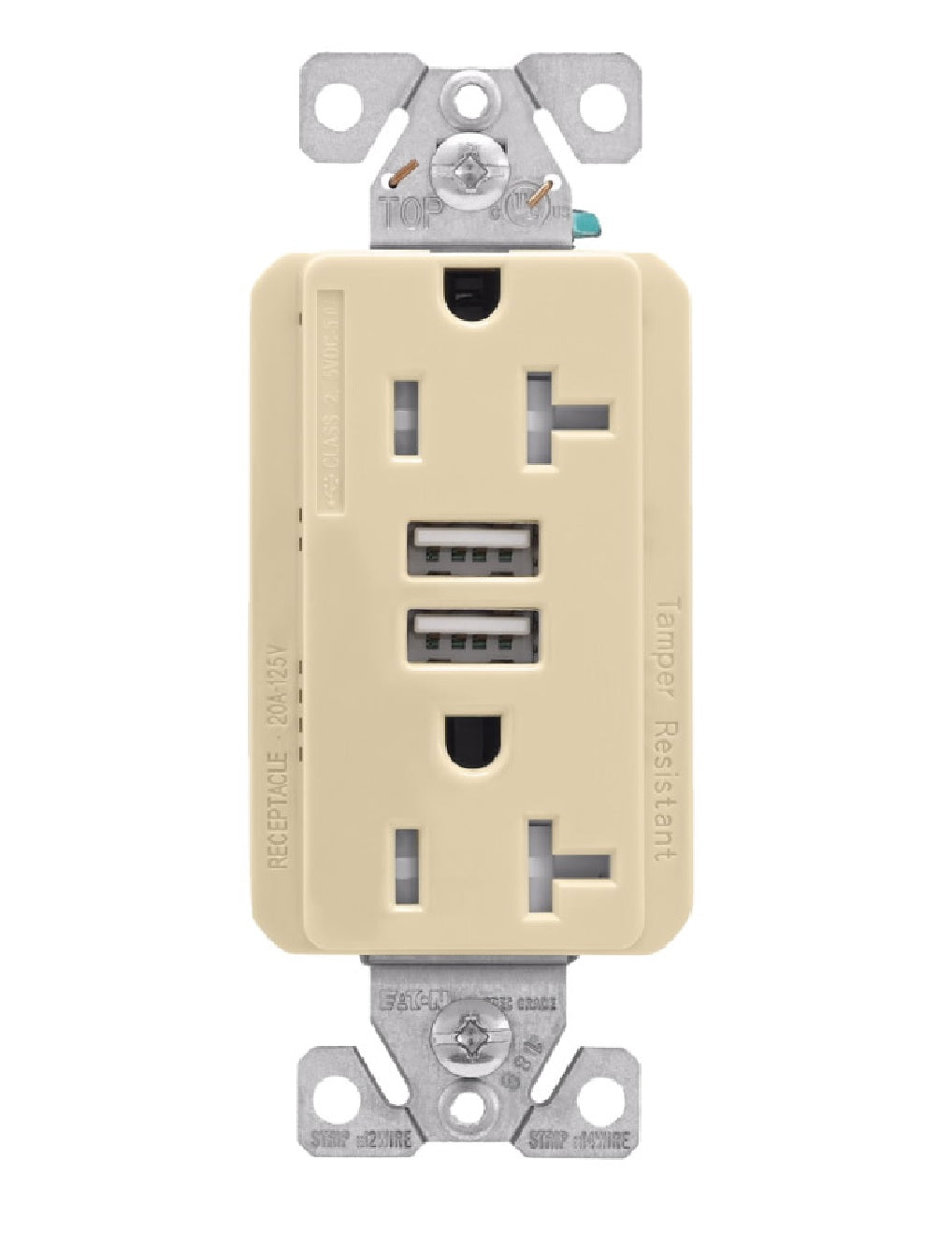 Eaton TRUSB5A20V-K-L Duplex Receptacle, Ivory, 2-Pole, 12 AWG