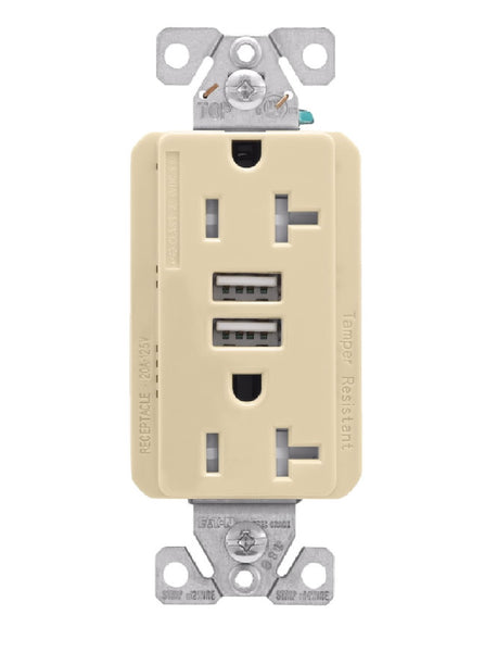 Eaton TRUSB5A20V-K-L Duplex Receptacle, Ivory, 2-Pole, 12 AWG