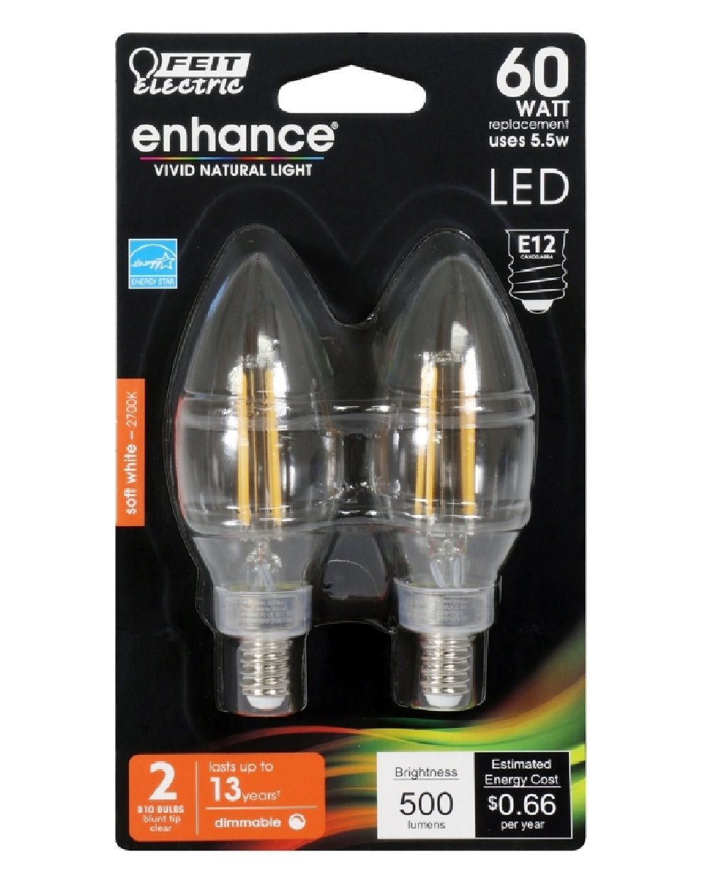 Feit Electric BPCTC60927CAFIL/2 E12 LED Bulb, Soft White