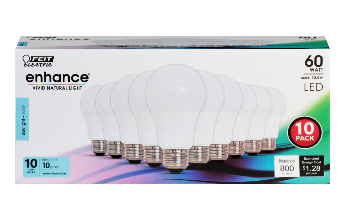 Feit Electric OM60/950CA10K/10 Enhance A19 LED Light Bulb, 10.6 Watts, 10 Pk