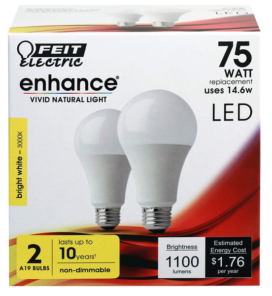 Feit Electric OM75/930CA10K/2 Enhance A-Line LED Light Bulbs, 14.6 Watts