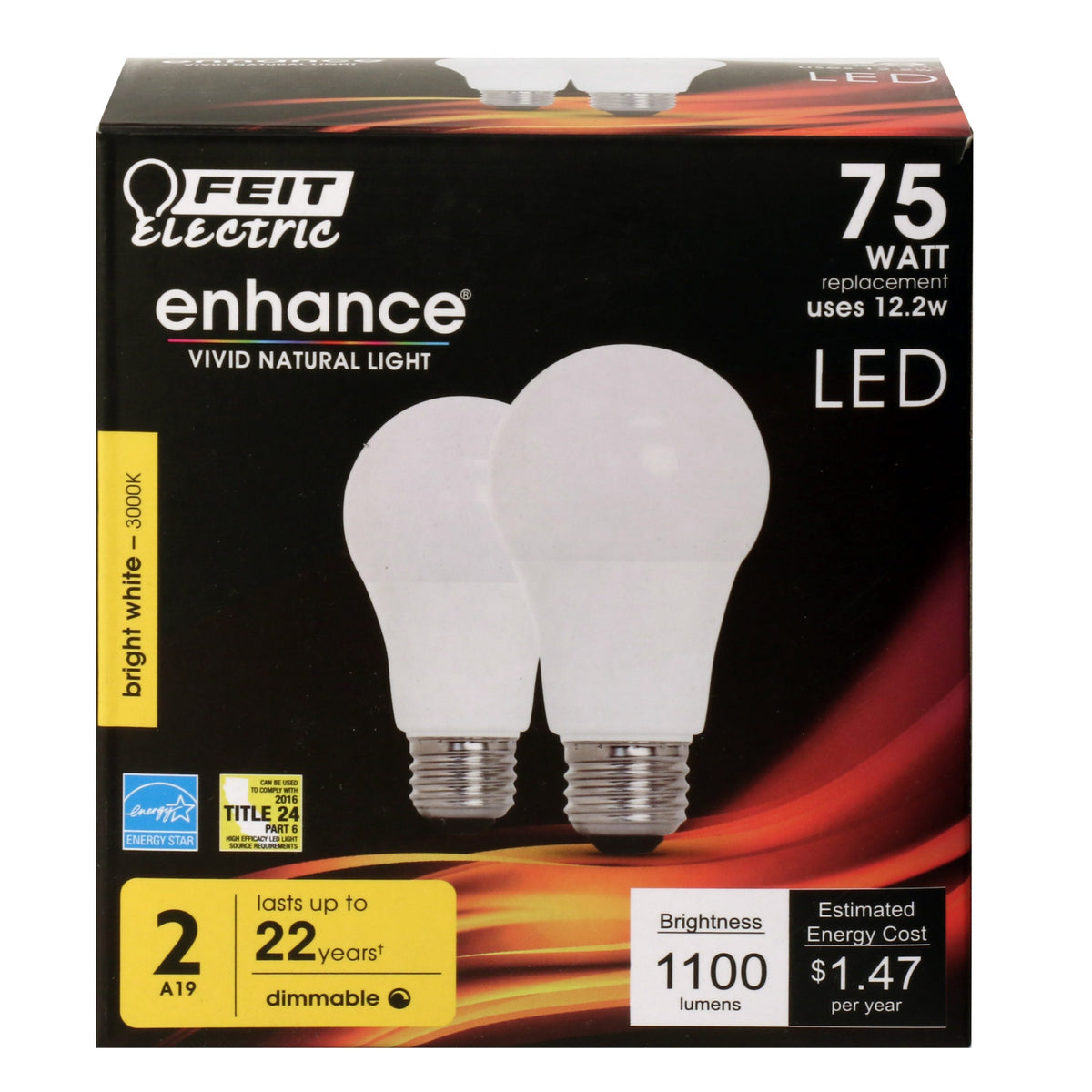Feit Electric OM75DM/930CA/2 A19 Dimmable LED Light Bulb, 12.2 Watts