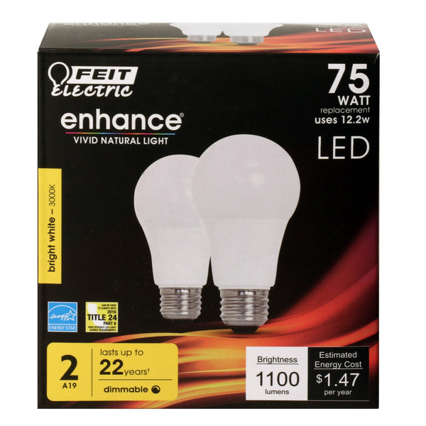 Feit Electric OM75DM/930CA/2 A19 Dimmable LED Light Bulb, 12.2 Watts