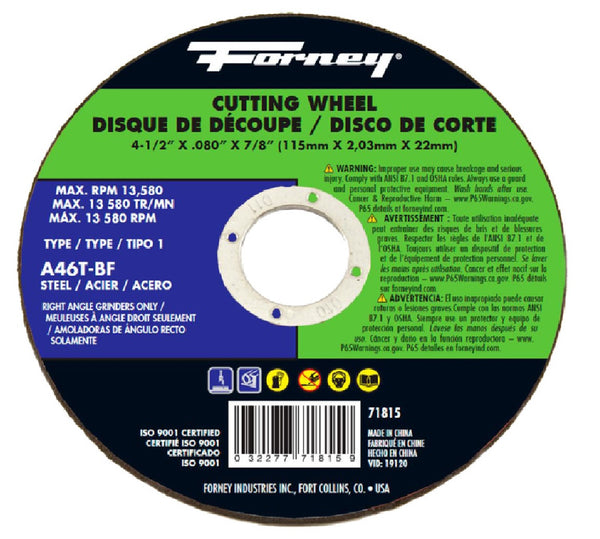 Forney 71815 Metal Cut-Off Wheel, Aluminum Oxide, 13580 rpm
