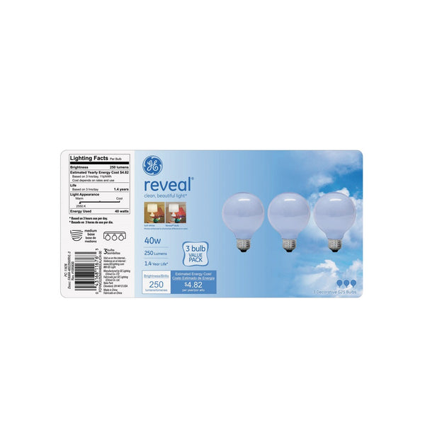 GE 11676 Reveal G25 Globe Incandescent Bulb, 40 W, Pack of 3