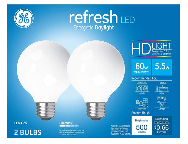 GE 31709 G25 Refresh HD Dimmable LED Light Bulbs, 5.5 Watts