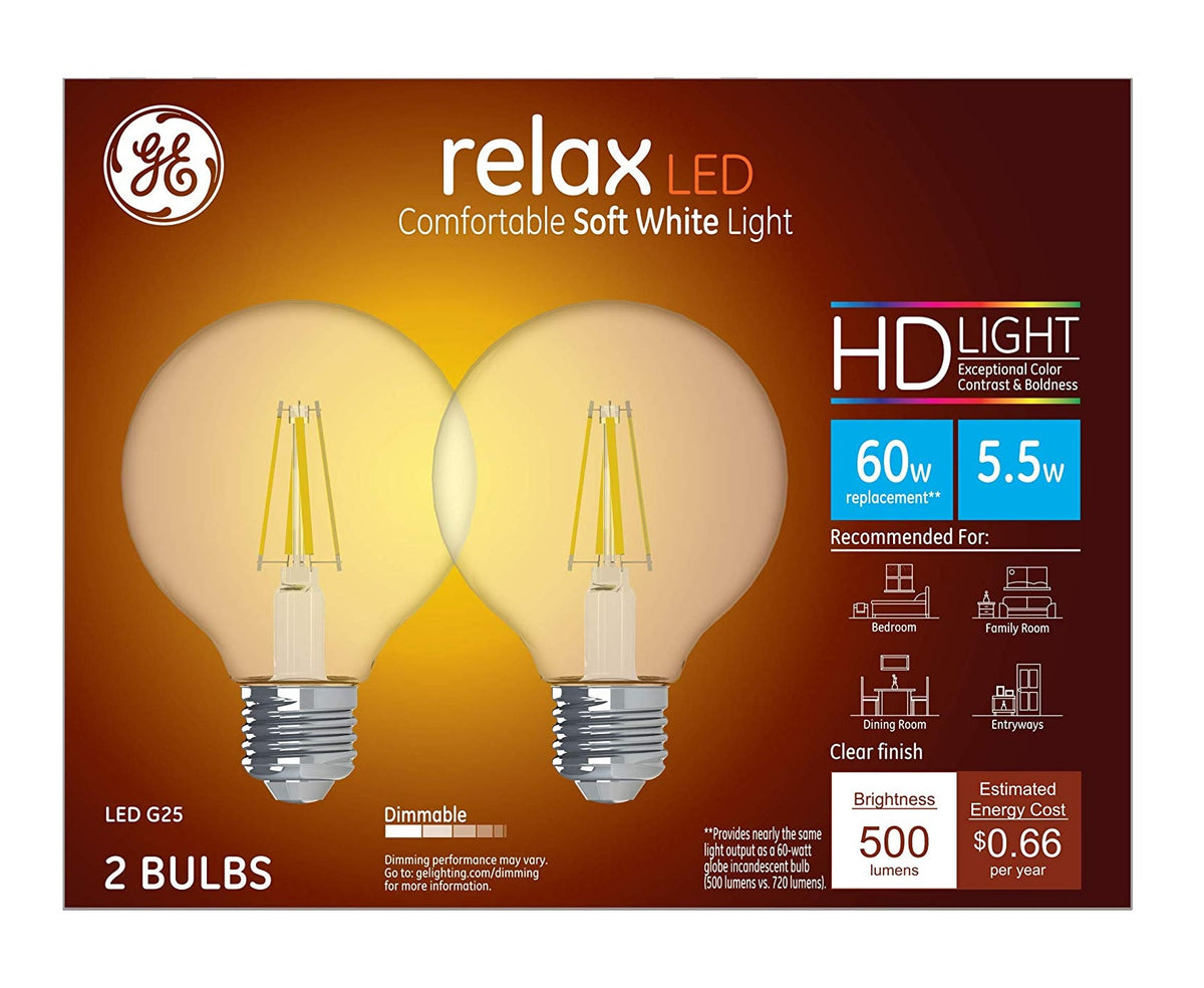 GE 31544 G25 Relax HD Dimmable LED Light Bulb, 5.5 Watts