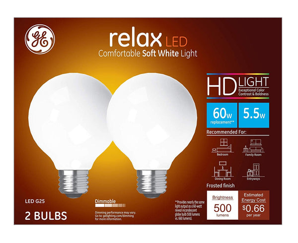 GE 31696 G25 Relax HD Dimmable LED Light Bulb, 5.5 Watts