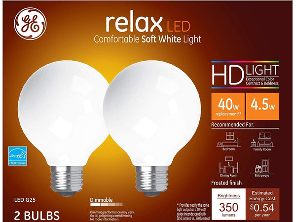 GE 31541 G25 Relax HD Dimmable LED Light Bulbs, 4.5 Watts