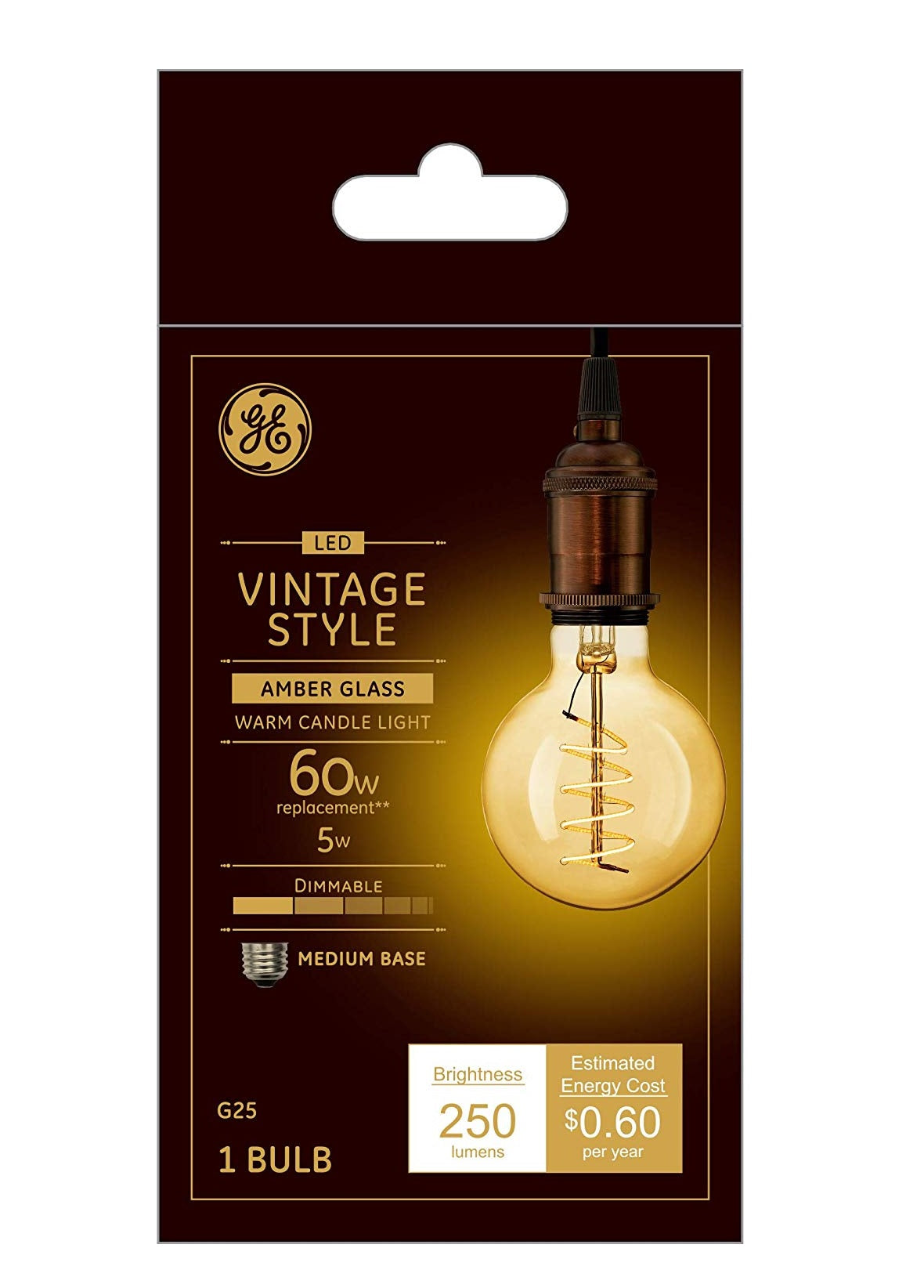 GE 36528 G25 Vintage Spiral Filament LED Light Bulb, 5 Watts