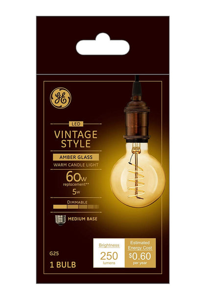 GE 36528 G25 Vintage Spiral Filament LED Light Bulb, 5 Watts