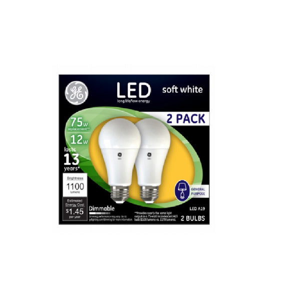 GE Lighting 93127324 LED12DA21/2PK A19 LED Light Bulbs, Soft White, 12-Watts