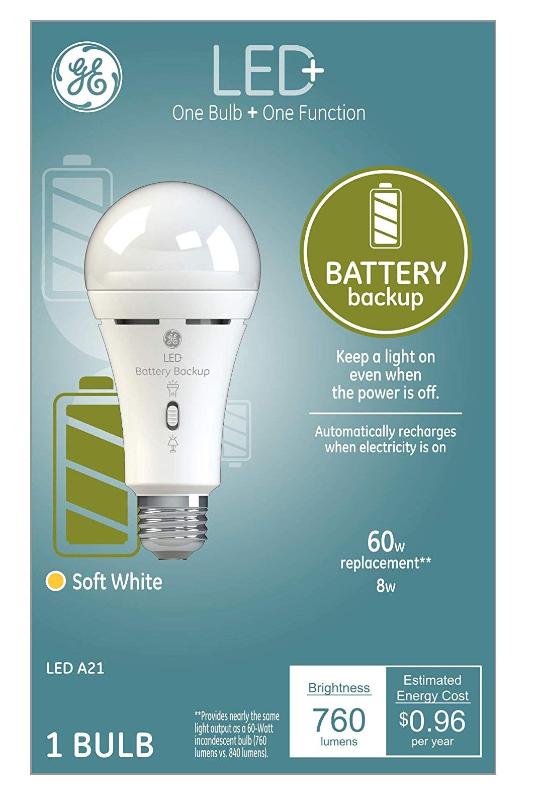 GE Lighting 93099986 A21 LED+ Battery Backup Light Bulb, 8 Watts