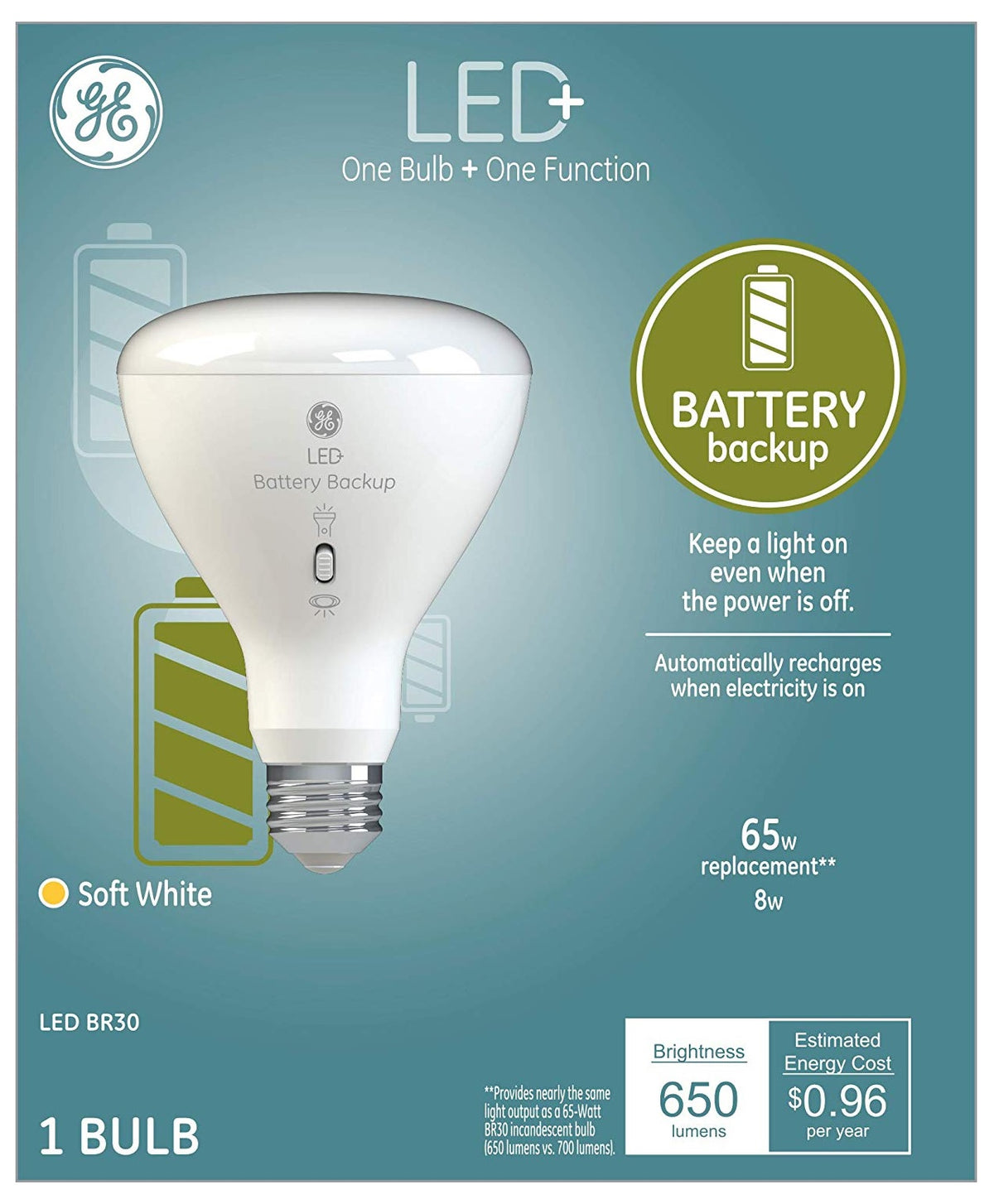 GE Lighting 93100204 BR30 LED+ Battery Backup Light Bulb, 8 Watts