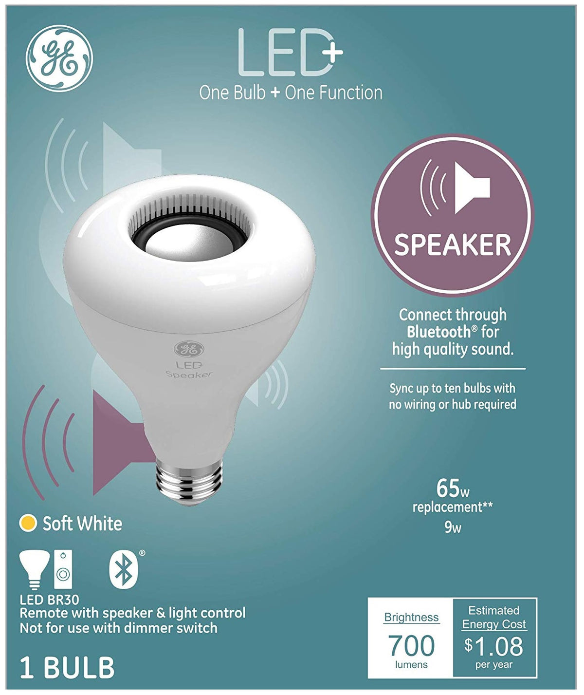 GE Lighting 93100354 BR30 LED Light Bulb With Speaker, 9 Watts