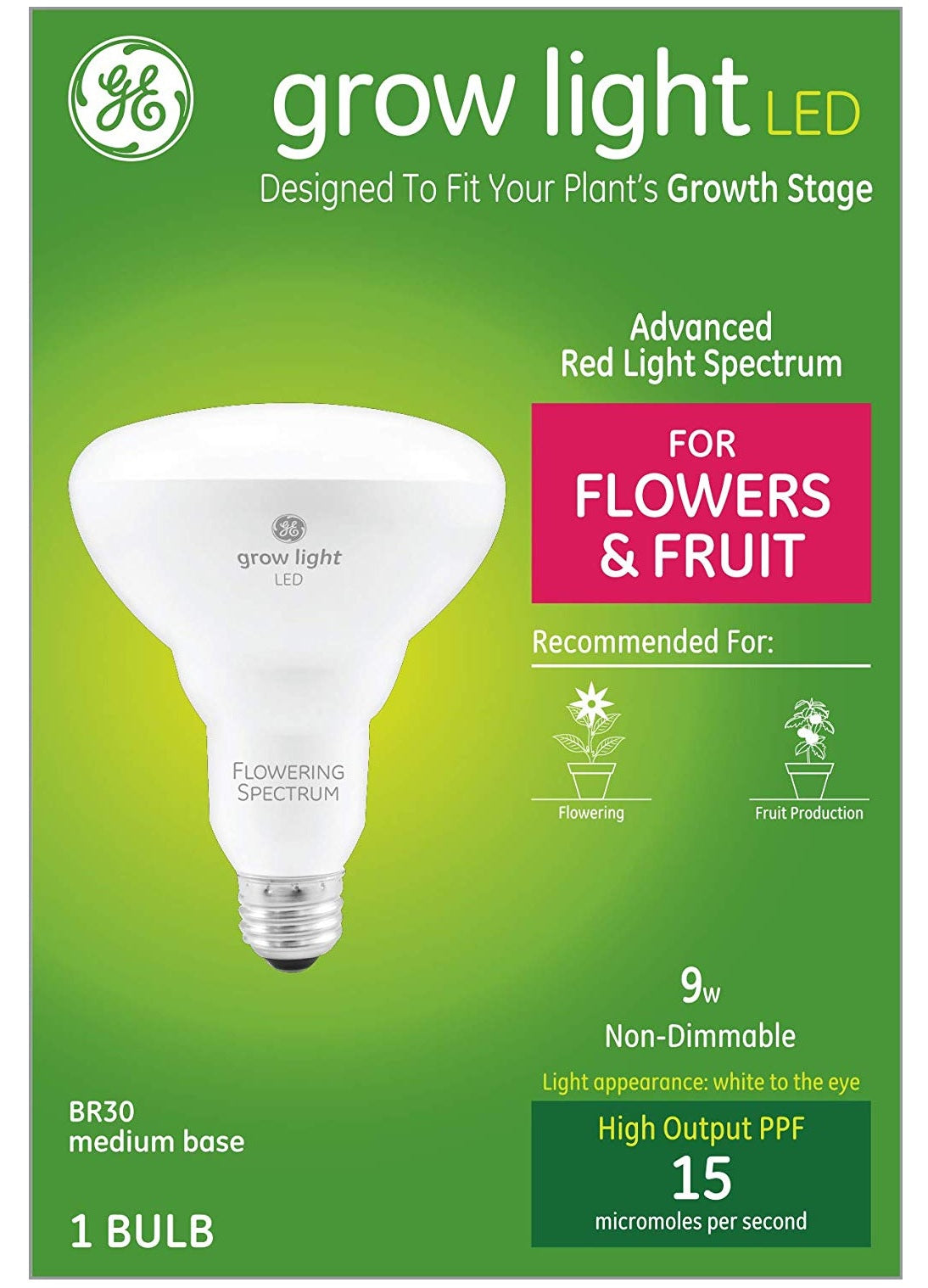 GE Lighting 93101231 Br30 Horticultural Grow LED Light Bulb, 9 Watts