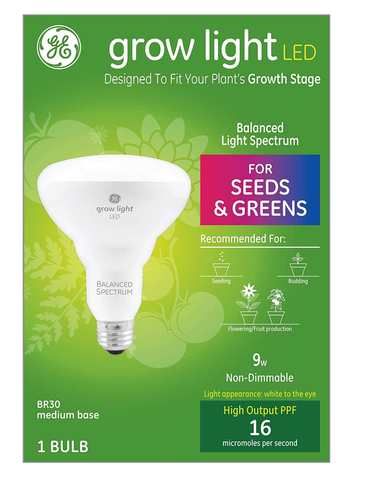 GE Lighting 93101230 Br30 Horticultural Grow LED Light Bulb, 9 Watts