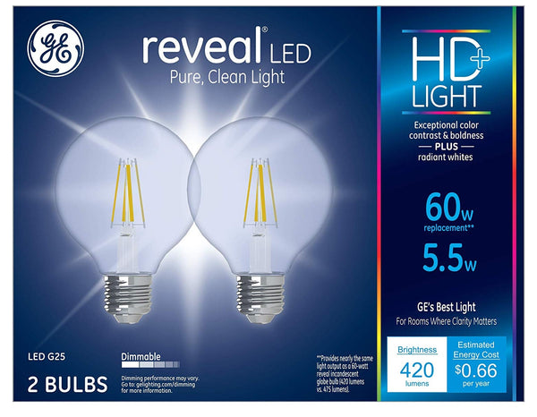 GE 31858 Reveal HD Dimmable LED Light Bulb, 5.5 Watts