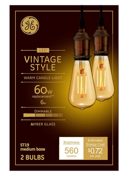 GE 42200 Vintage Style ST19 Dimmable LED Light Bulb, 6W, 2-Count