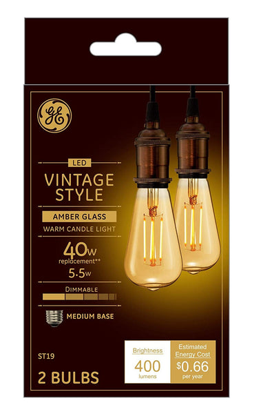 GE 42194 ST19 Vintage Style Straight Filament LED Light Bulbs, 5.5 Watts