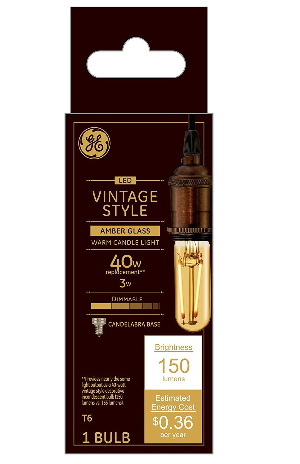 GE 42220 T6 Vintage Style Dimmable LED Light Bulbs, 3 Watts