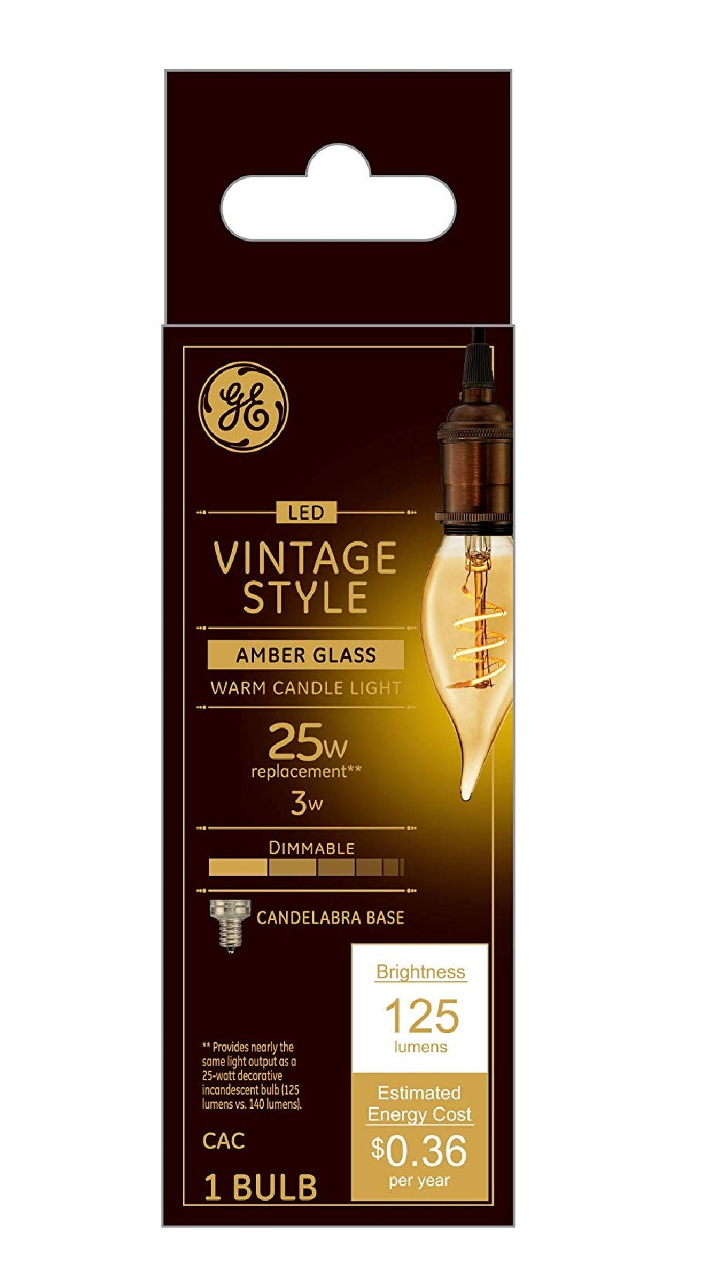 GE 36488 Vintage Spiral Filament LED Light Bulb, 3 Watts