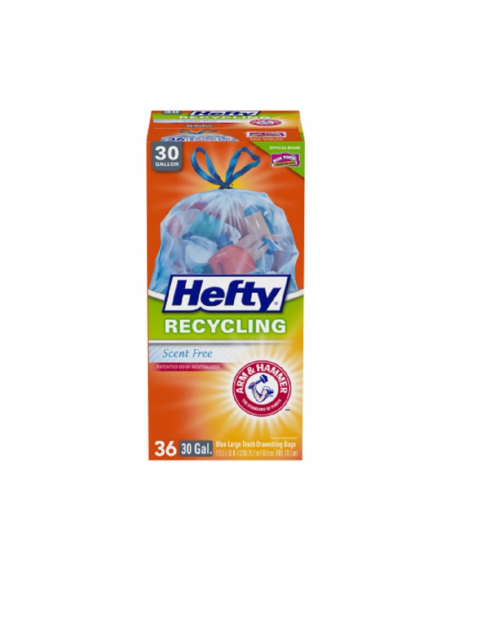 Hefty Trash Bags, Recycling, Drawstring, Large, Scent Free, 30 Gallon - 36 bags