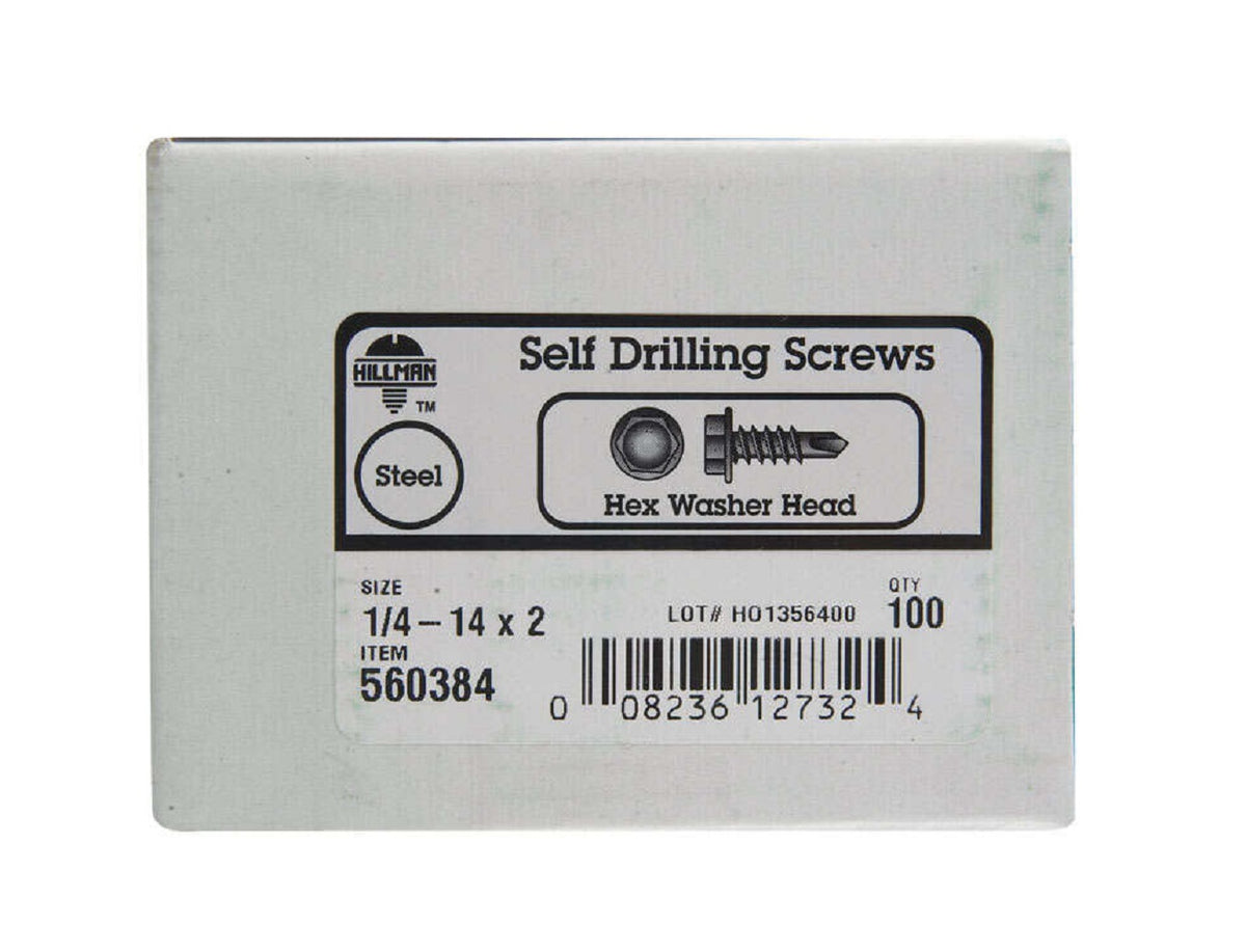 Hillman 560384 Zinc Plated Self Drilling Screw, 1/4-14 x 2", 100 Pack