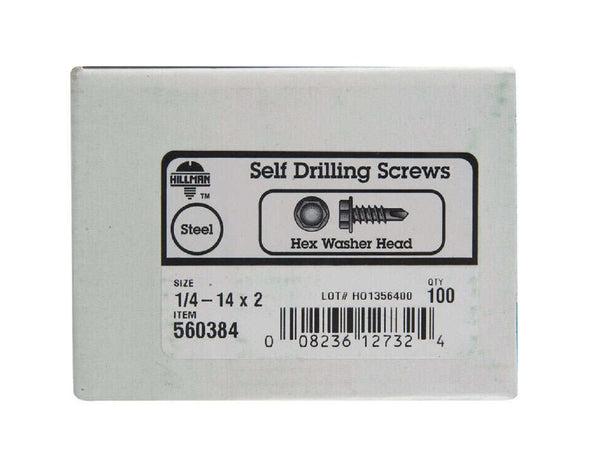 Hillman 560384 Zinc Plated Self Drilling Screw, 1/4-14 x 2", 100 Pack