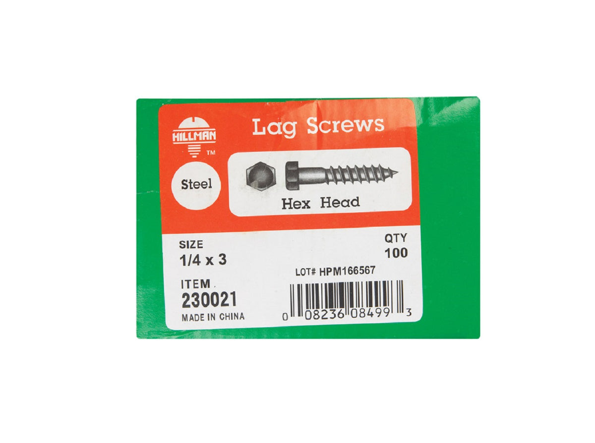 Hillman Fasteners 230021 Hex Head Lag Bolt, 1/4 x 3'', 100 Pack