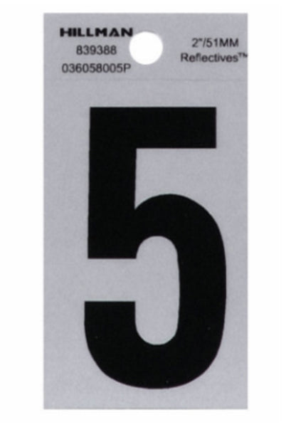 Hillman Fasteners 839388 Adhesive House Number 5 Black and Silver Reflective, 2 Inch