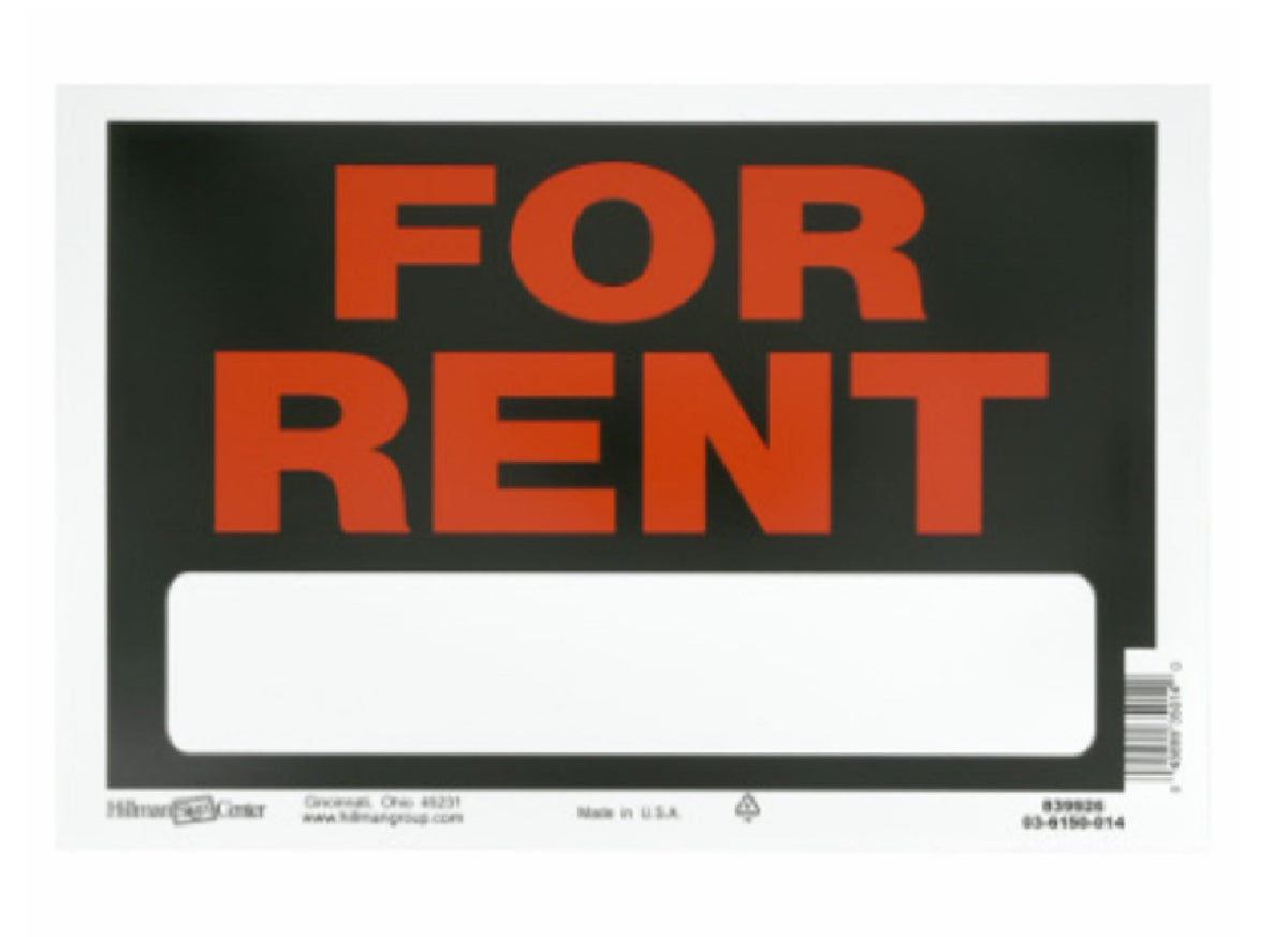 Hillman Fasteners 839926 Black and Red for Rent Sign, 8 Inch x 12 Inch