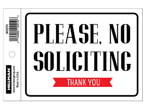 Hillman Fasteners 843374 English No Soliciting Decal, 4 Inch x 6 Inch, White