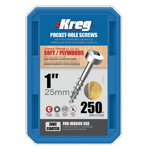 Kreg SPS-C1-250 1" #7 Coarse Thread Pan Head Pocket Screws