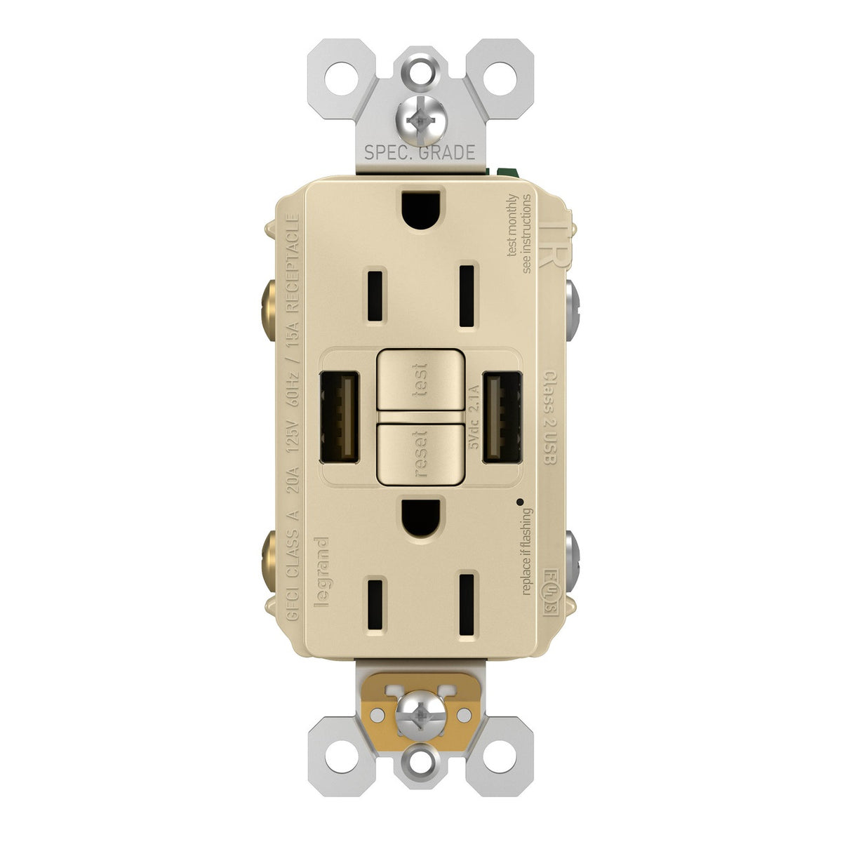 Legrand 1597TRUSBAAI Radiant Tamper-Resistant Self-Test GFCI USB Outlet, 15 Amp