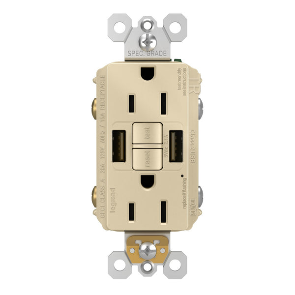 Legrand 1597TRUSBAAI Radiant Tamper-Resistant Self-Test GFCI USB Outlet, 15 Amp