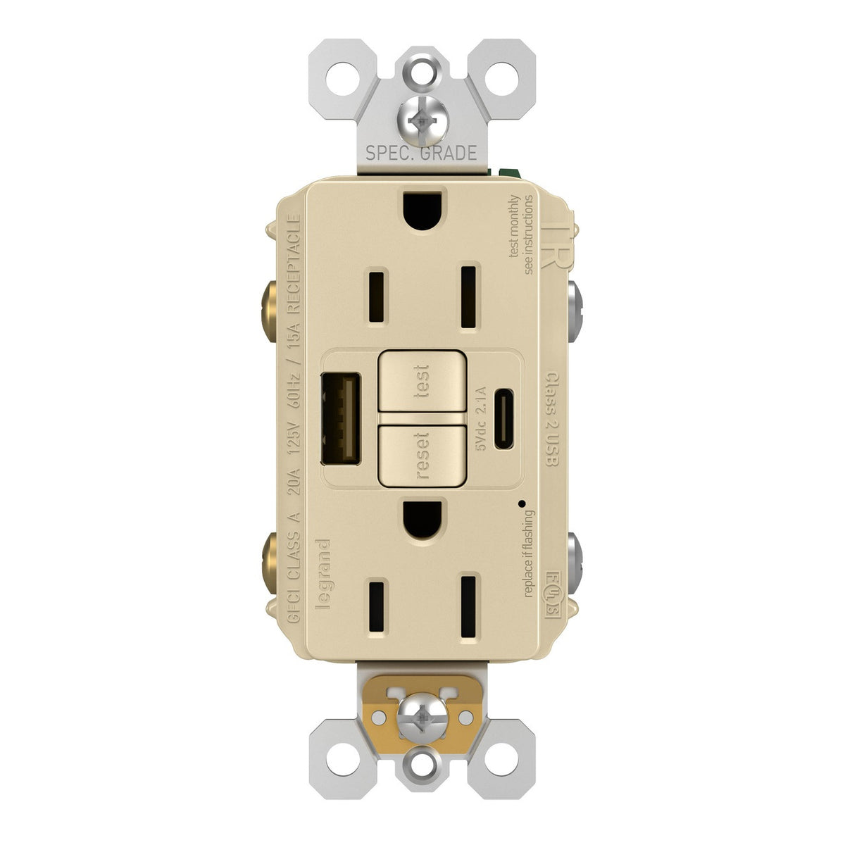 Legrand 1597TRUSBACI Radiant Tamper-Resistant Self-Test GFCI USB Outlet, 15 Amp
