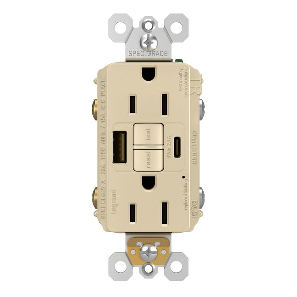 Legrand 1597TRUSBACI Radiant Tamper-Resistant Self-Test GFCI USB Outlet, 15 Amp