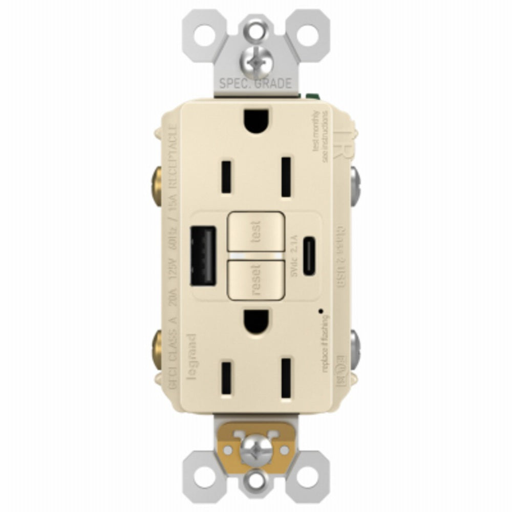 Legrand 1597TRUSBACLAC4 Radiant Self-Test GFCI USB Type-A/C Outlet, 15 Amp