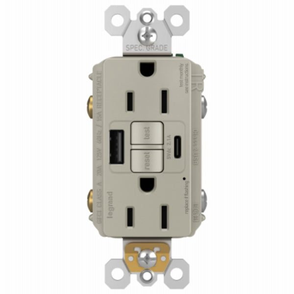 Legrand 1597TRUSBACNIC4 Radiant Self-Test GFCI USB Type-A/C Outlet, 15 Amp