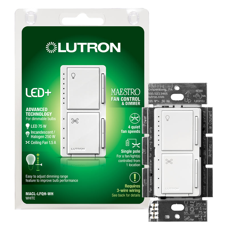 Lutron MACL-LFQH-WH Maestro Fan Control and LED Dimmer Switch, White