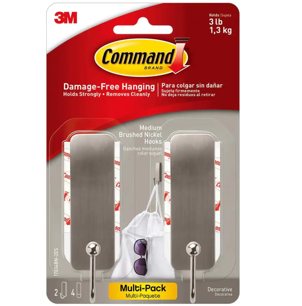 3M 17034BN-2ES Decorative Hooks, Brushed Nickel