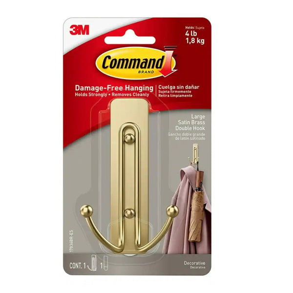 3M 17036BR-ES Command Large Double Wall Hooks, Satin Brass