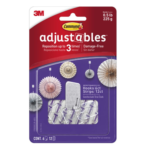 3M 17830CLR-6ES Command Adjustables Hooks, Clear