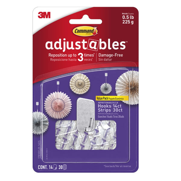 3M 17830CLR-14ES Command Adjustables Hooks, Clear