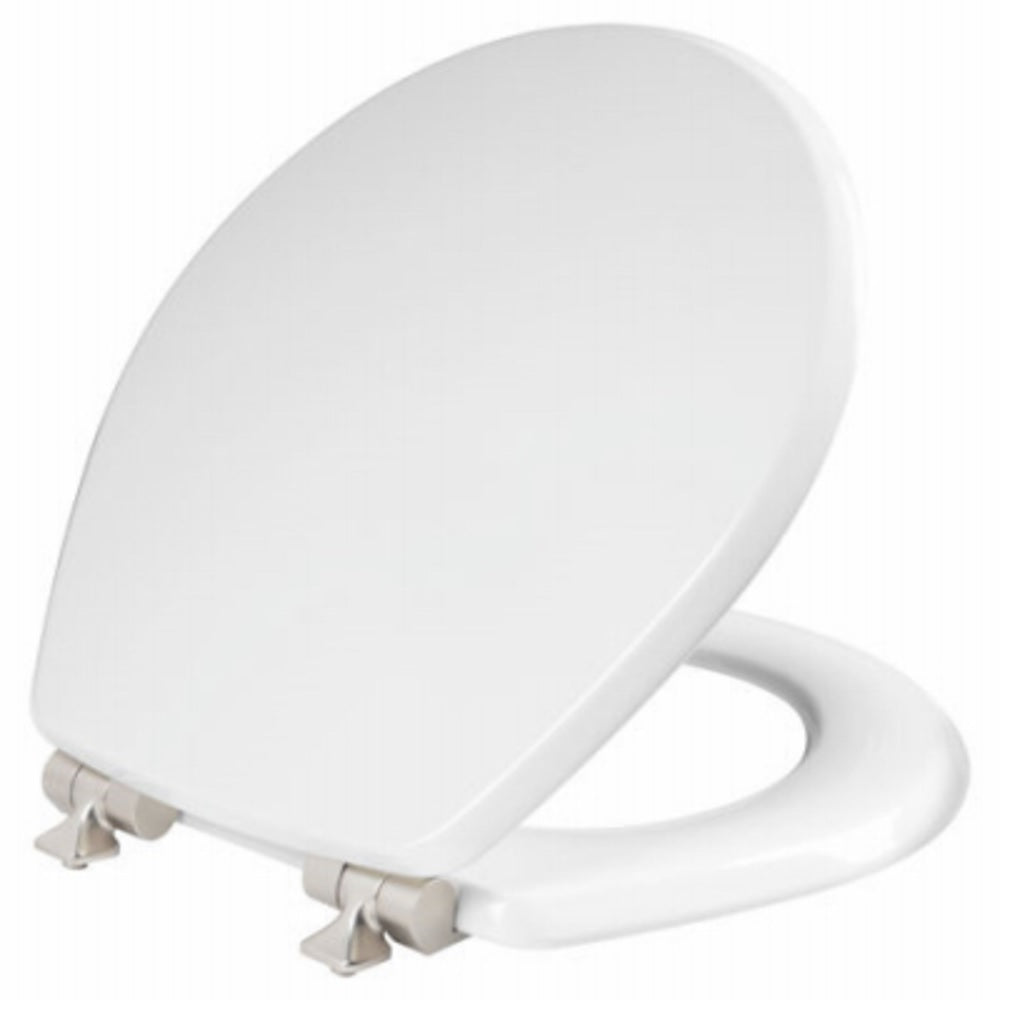 Mayfair 26NISLA 000 Round Molded Wood Toilet Seat w/Brushed Nickel Hinge, White
