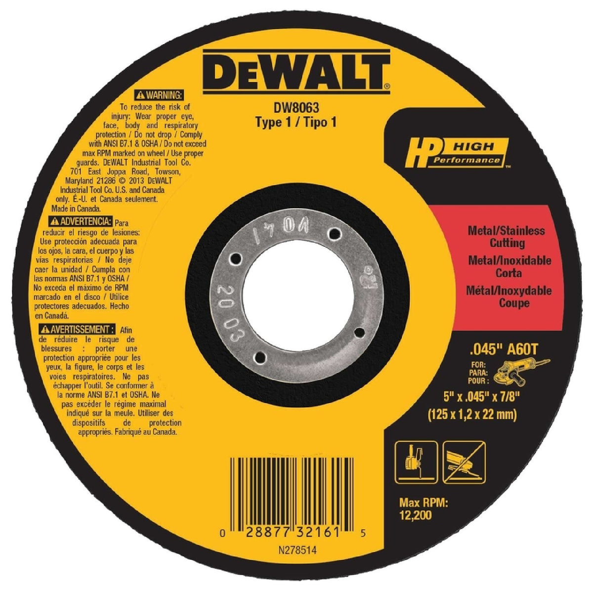 DeWalt DW8063 HP Metal Cutting High Speed Wheel, Type 1, 5" Diameter